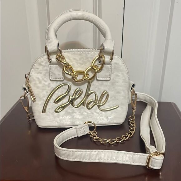 Bebe White Gold Mini TopHandle convertible Crossbody Bag Chain Accents Y2K style - Picture 1 of 8